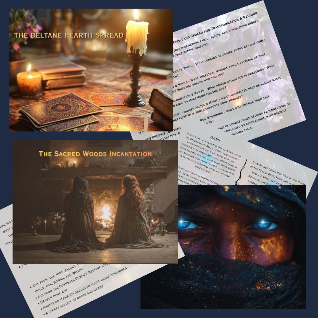 A collage of mystical and occult-themed printed materials on a dark blue background, including a candlelit spread sheet titled 'The Beltane Hearth Spread,' an incantation sheet titled 'The Sacred Woods Incantation,' and a close-up artwork of glowing blue eyes.