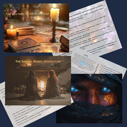 A collage of mystical and occult-themed printed materials on a dark blue background, including a candlelit spread sheet titled 'The Beltane Hearth Spread,' an incantation sheet titled 'The Sacred Woods Incantation,' and a close-up artwork of glowing blue eyes.