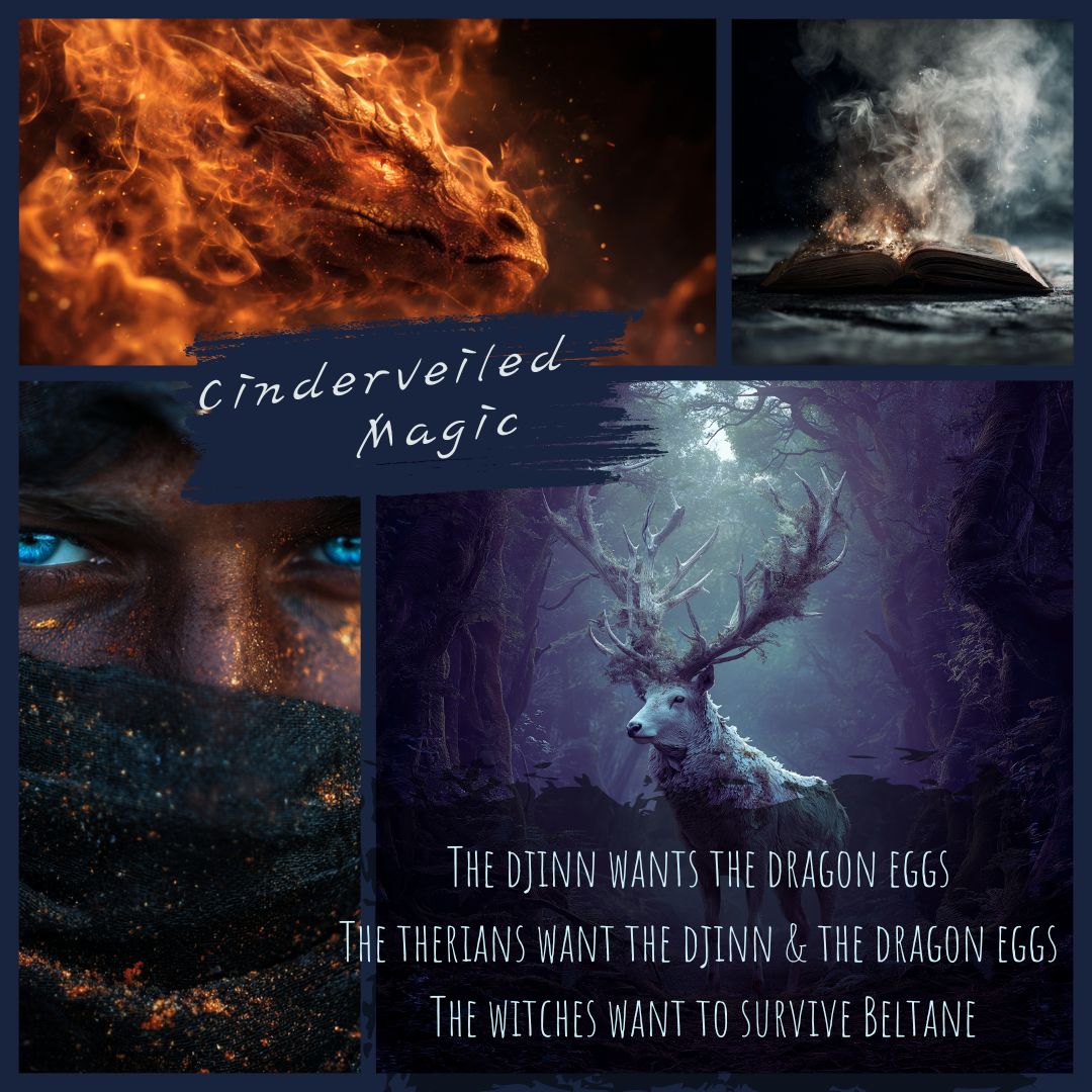 series of images - dragon, djinn, and white stag
