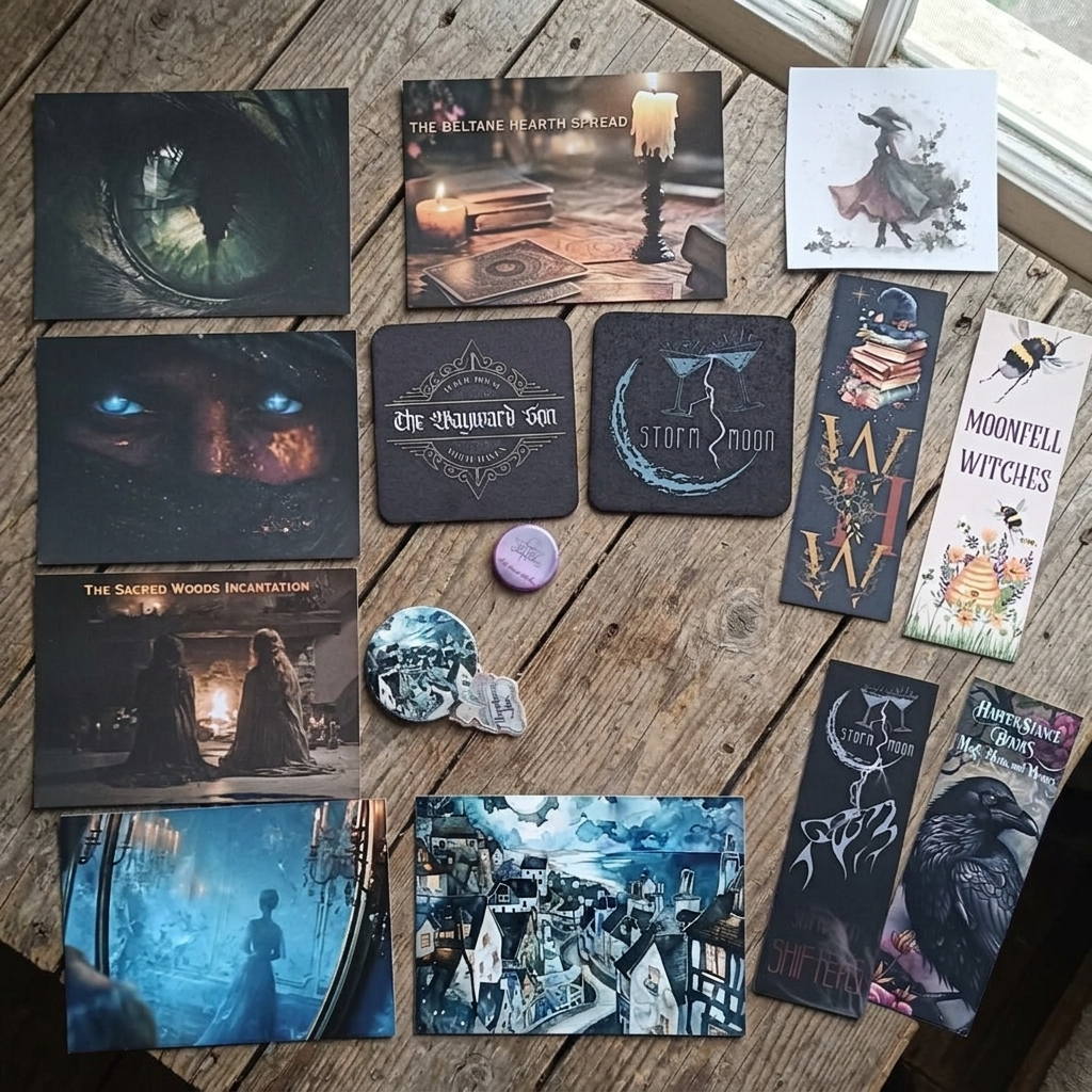 A flat lay of multiple printed cards, coasters, bookmarks, and a small charm arranged on a rustic wooden surface. The items feature gothic fantasy artwork and titles including The Wildlands on Earth Lead, The Magnum Son, Storm Moon, Moonlit Witches, The Sacred Woods Invocation, and Moonfall Witches.