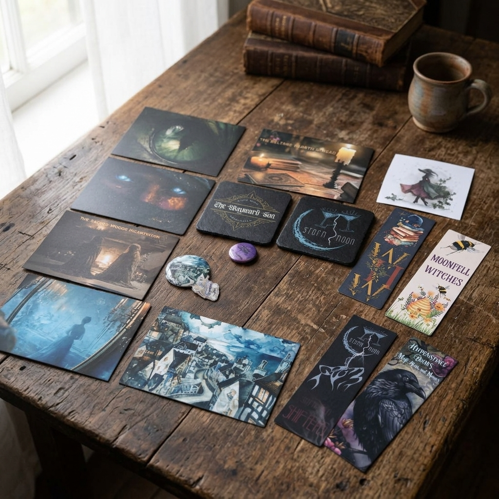 A witch-themed tarot card deck and matching coasters are arranged on a rustic wooden table next to a mug and old books. The cards feature dark fantasy illustrations of a witch, a raven, a wolf, and a snowy village, with one card reading 'Moonlit Witches'.