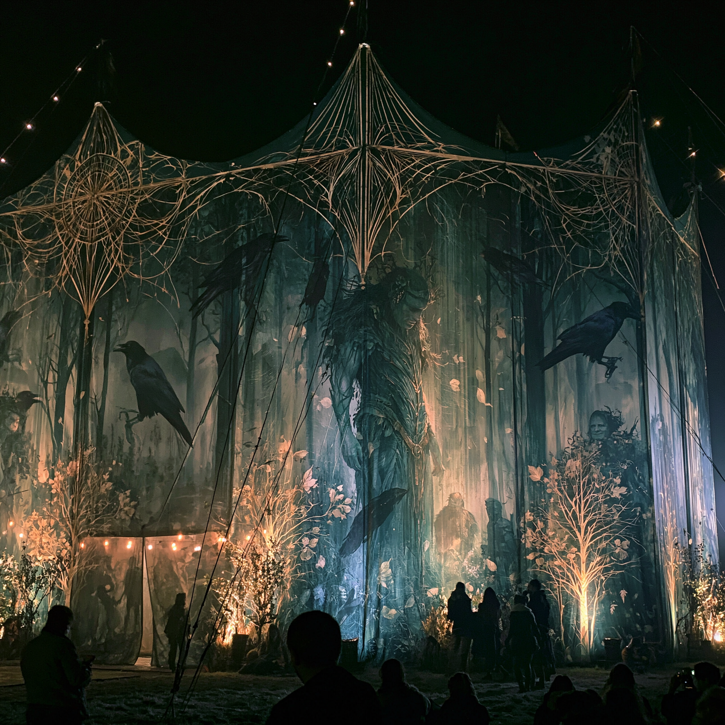 A large outdoor art installation at night featuring a tent-like structure covered in dark forest artwork, including crows, glowing trees, and warm string lights, with silhouetted people standing in front.