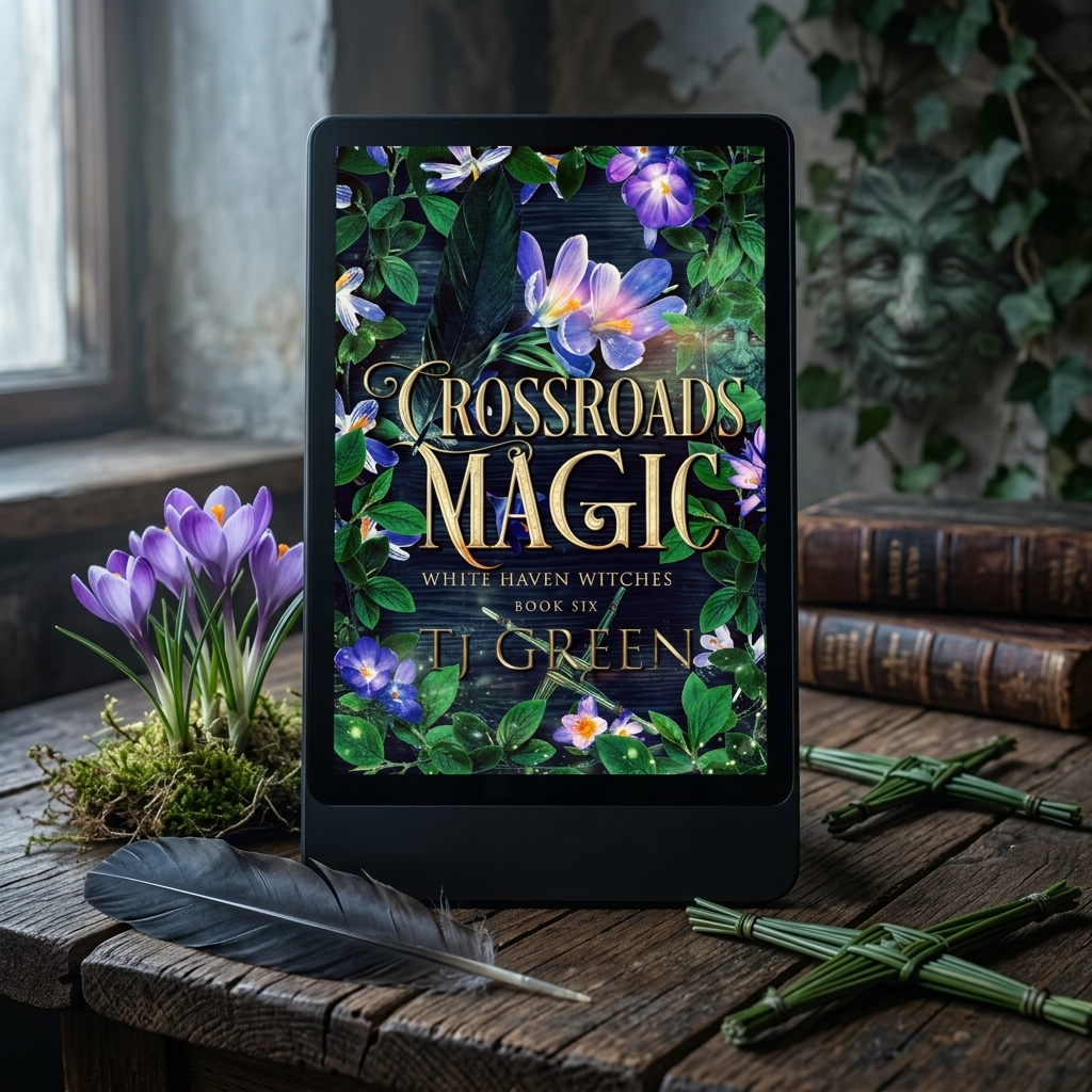 E-reader displaying 'Crossroads Magic' book cover with flowers and books in the background