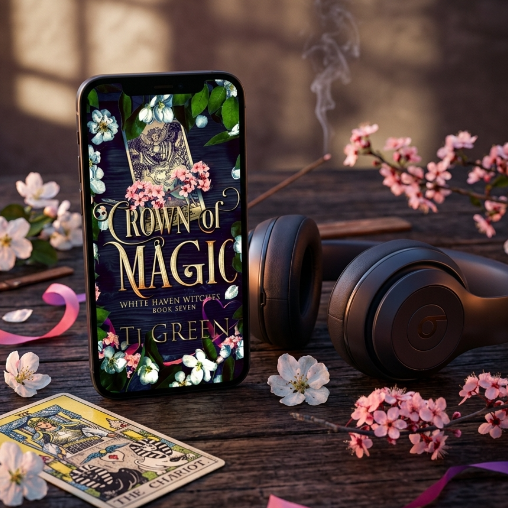 Phone displaying 'Crown of Magic' book cover with headphones and flowers on a wooden surface