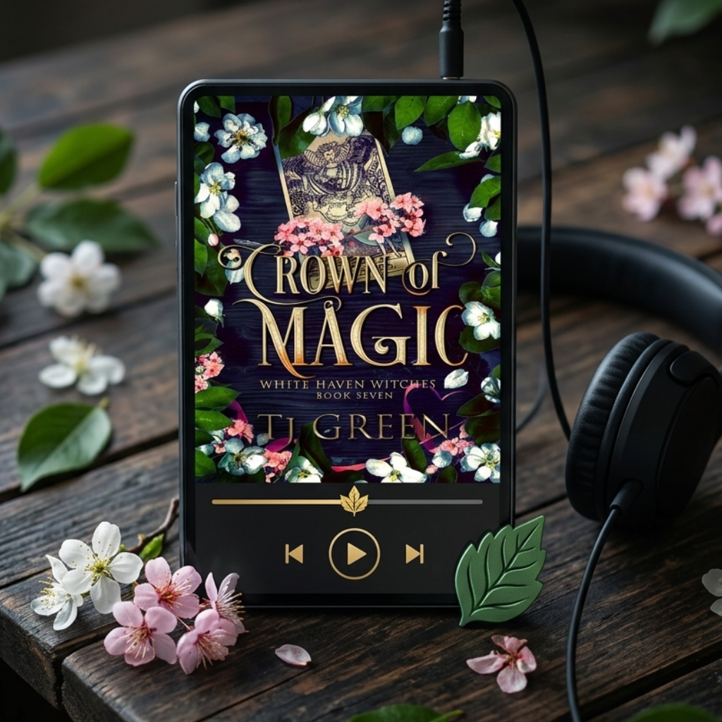 Ebook with 'Crown of Magic' on a wooden surface with flowers and headphones