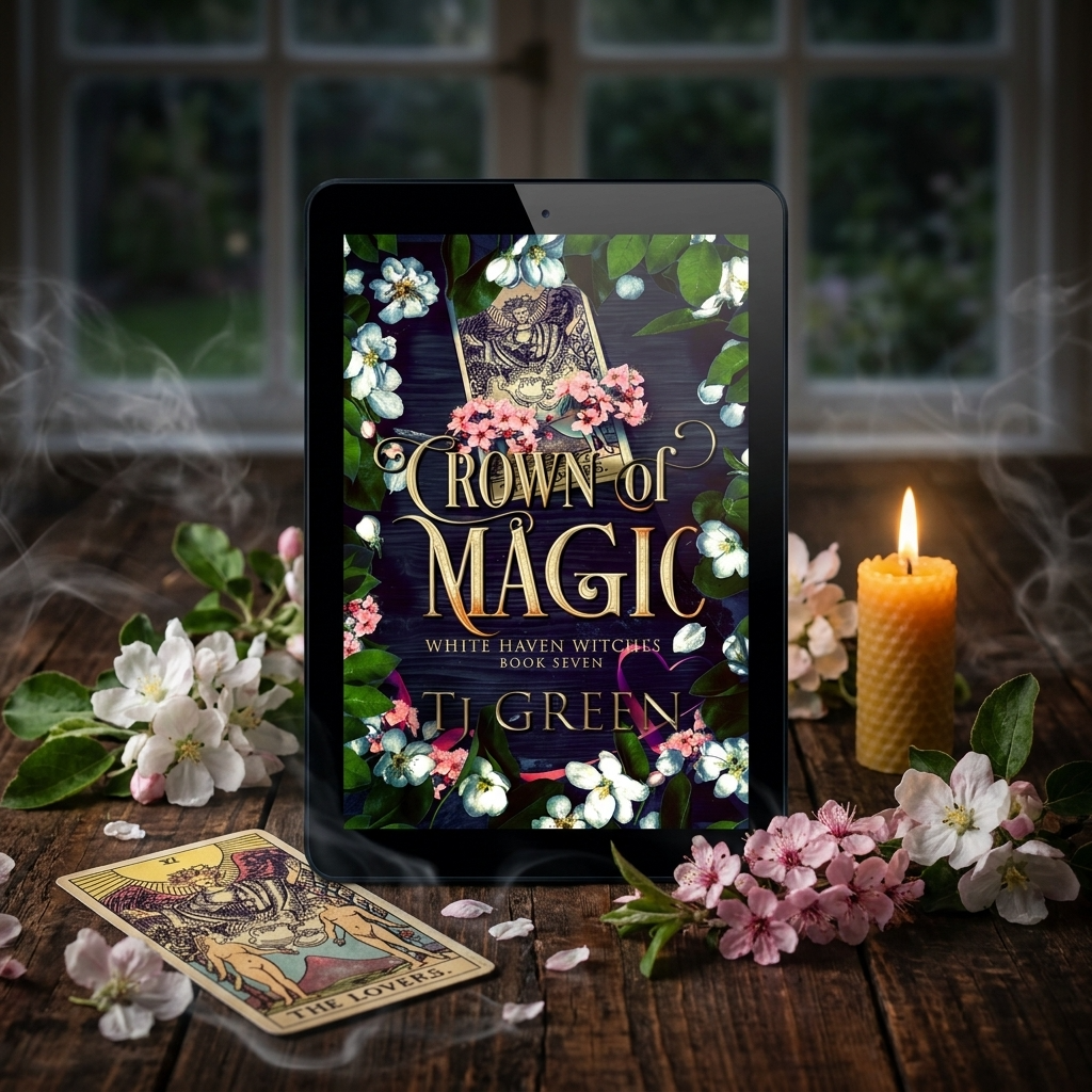 E-reader displaying 'Crown of Magic' on a wooden table with flowers and a candle.