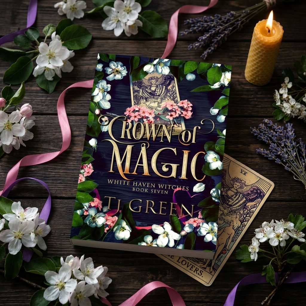 crown of magic book on table surrounded by pink apple blossom and pink ribbon