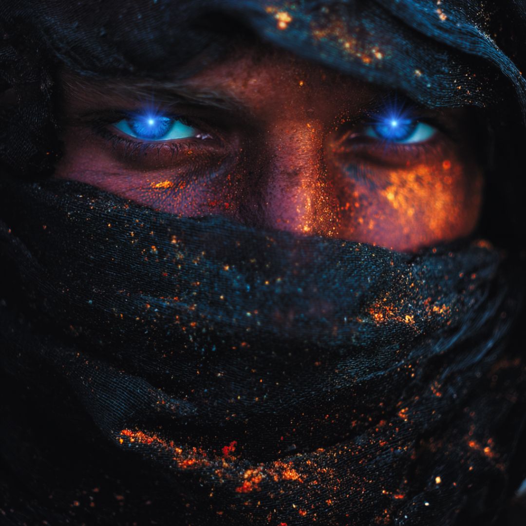 a djinn with burnished skin, and eyes of blue flames
