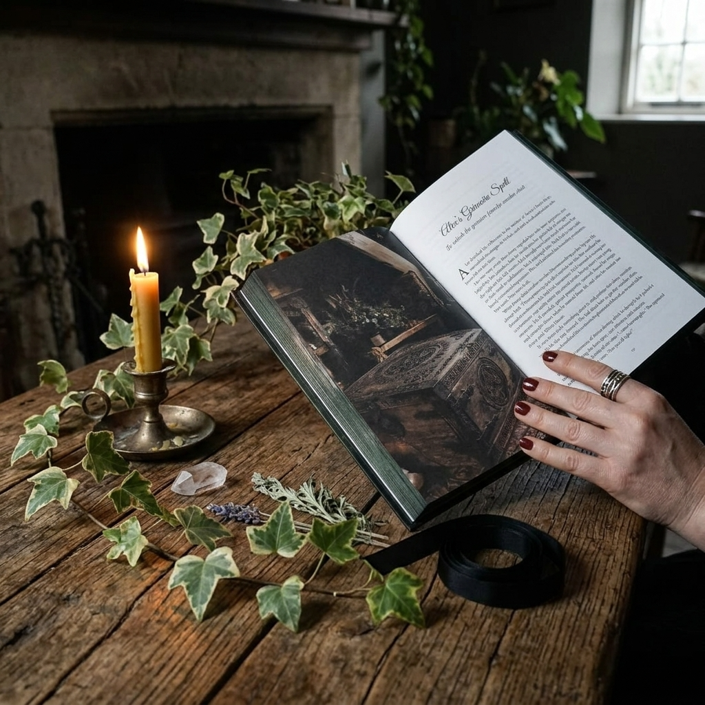 A person's hand with dark red nail polish holds an open book or journal on a rustic wooden table, surrounded by a lit candle, green ivy, crystals, and black ribbon. The book's interior features a dark gothic illustration and printed text.