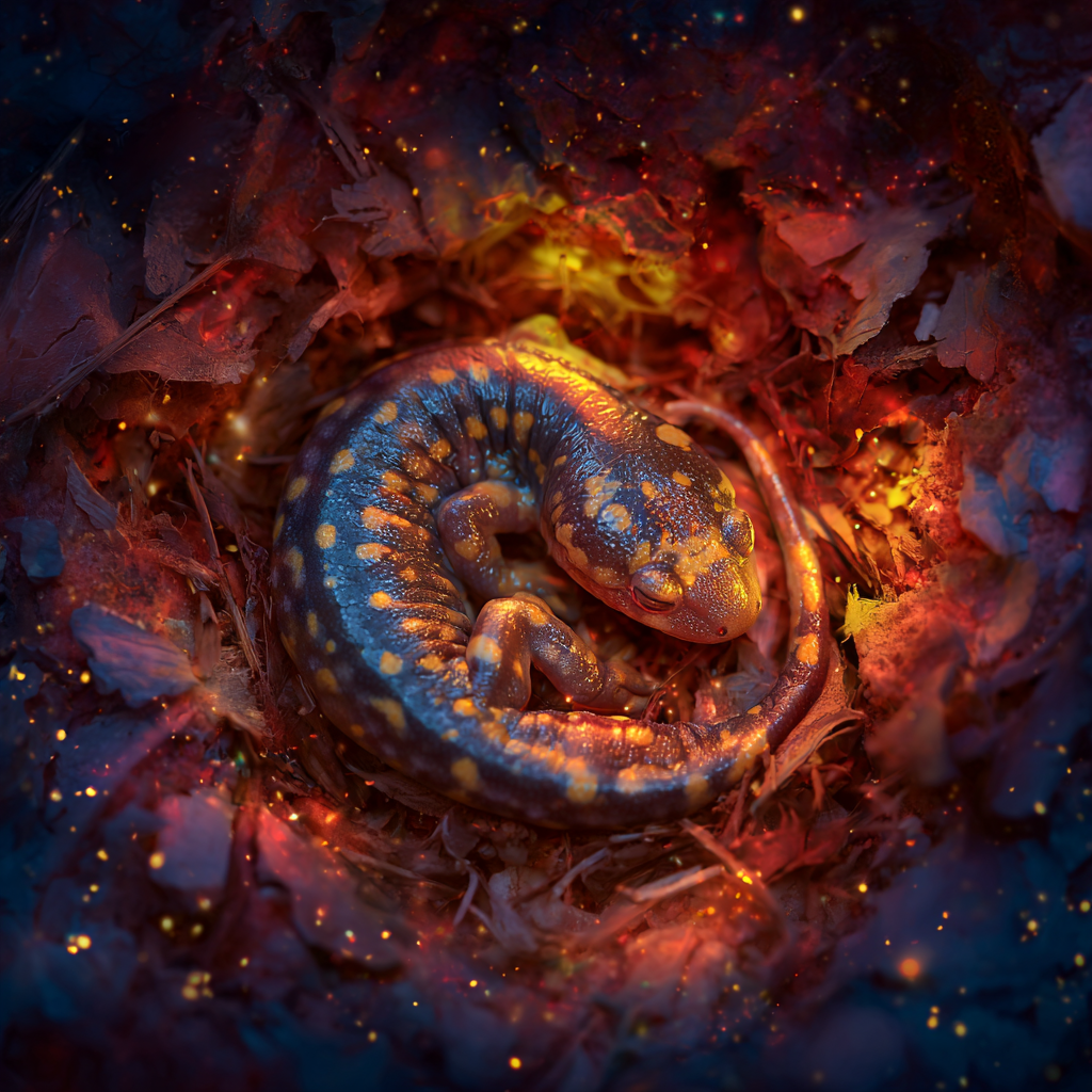 salamander curled up in a bed of embers. White Haven Witches, urban fantasy
