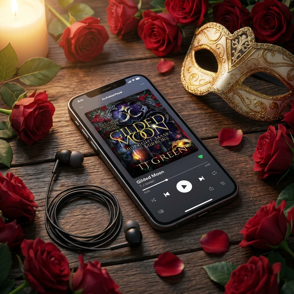 A smartphone lying on a rustic wooden surface, displaying the album art for 'Gilded Moon' by IT GREEN. The phone is styled in a romantic setting with red roses, rose petals, black wired earbuds, a lit candle, and an ornate gold masquerade mask.