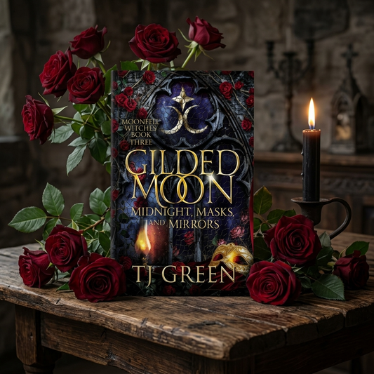 Book titled 'Gilded Moon' by TJ Green with red roses and a candle on a wooden table.