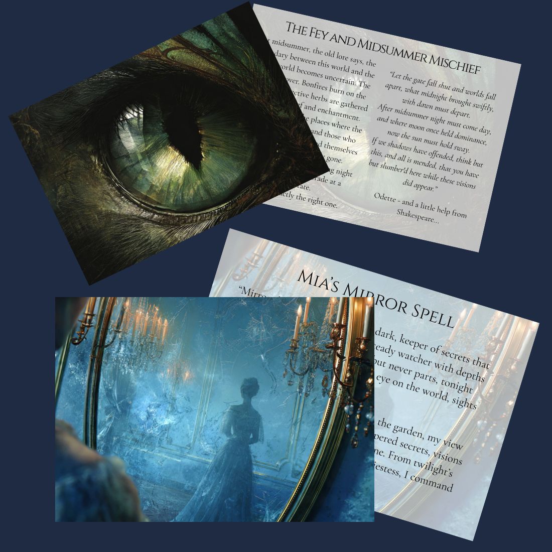 A set of printed cards or art prints arranged on a dark blue background. The top-left card shows a close-up of a green eye with a snake inside it.