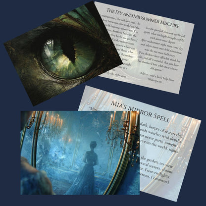 A set of printed cards or art prints arranged on a dark blue background. The top-left card shows a close-up of a green eye with a snake inside it.