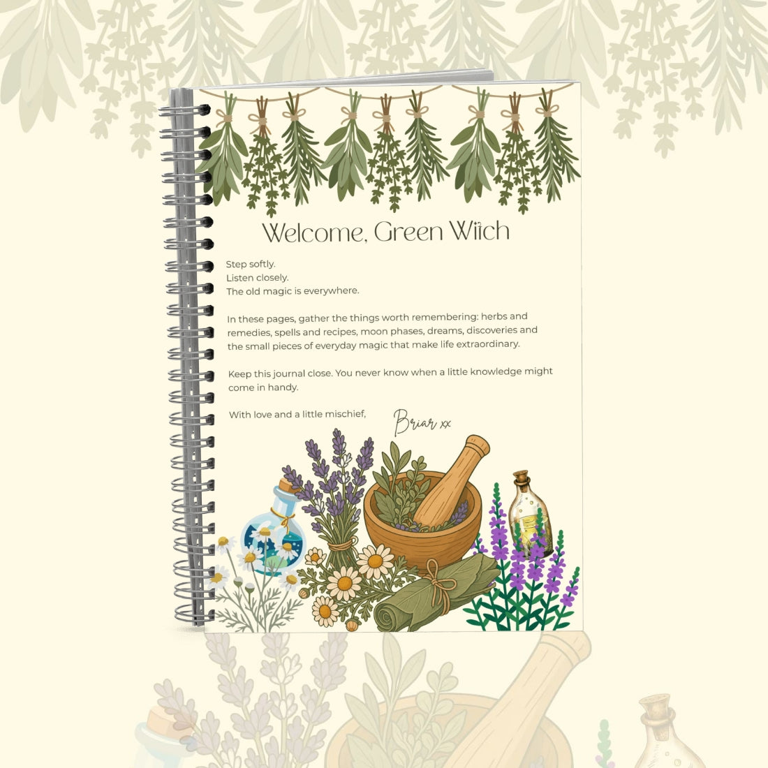A spiral-bound journal titled 'Welcome, Green Witch' with botanical illustrations, shown standing upright on a light cream background with subtle leafy and scroll motifs.