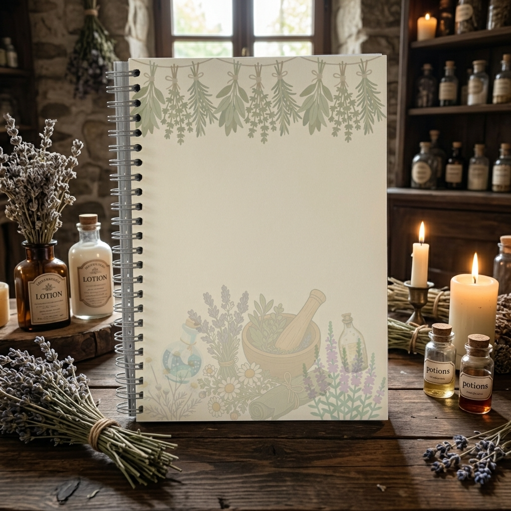 A spiral-bound notebook with a botanical and apothecary illustration on the cover stands on a rustic wooden table surrounded by dried lavender, lit candles, and small bottles labeled Lotion and Potion.