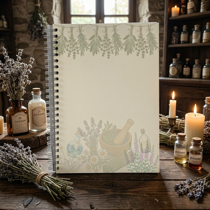 A spiral-bound notebook with a botanical and apothecary illustration on the cover stands on a rustic wooden table surrounded by dried lavender, lit candles, and small bottles labeled Lotion and Potion.