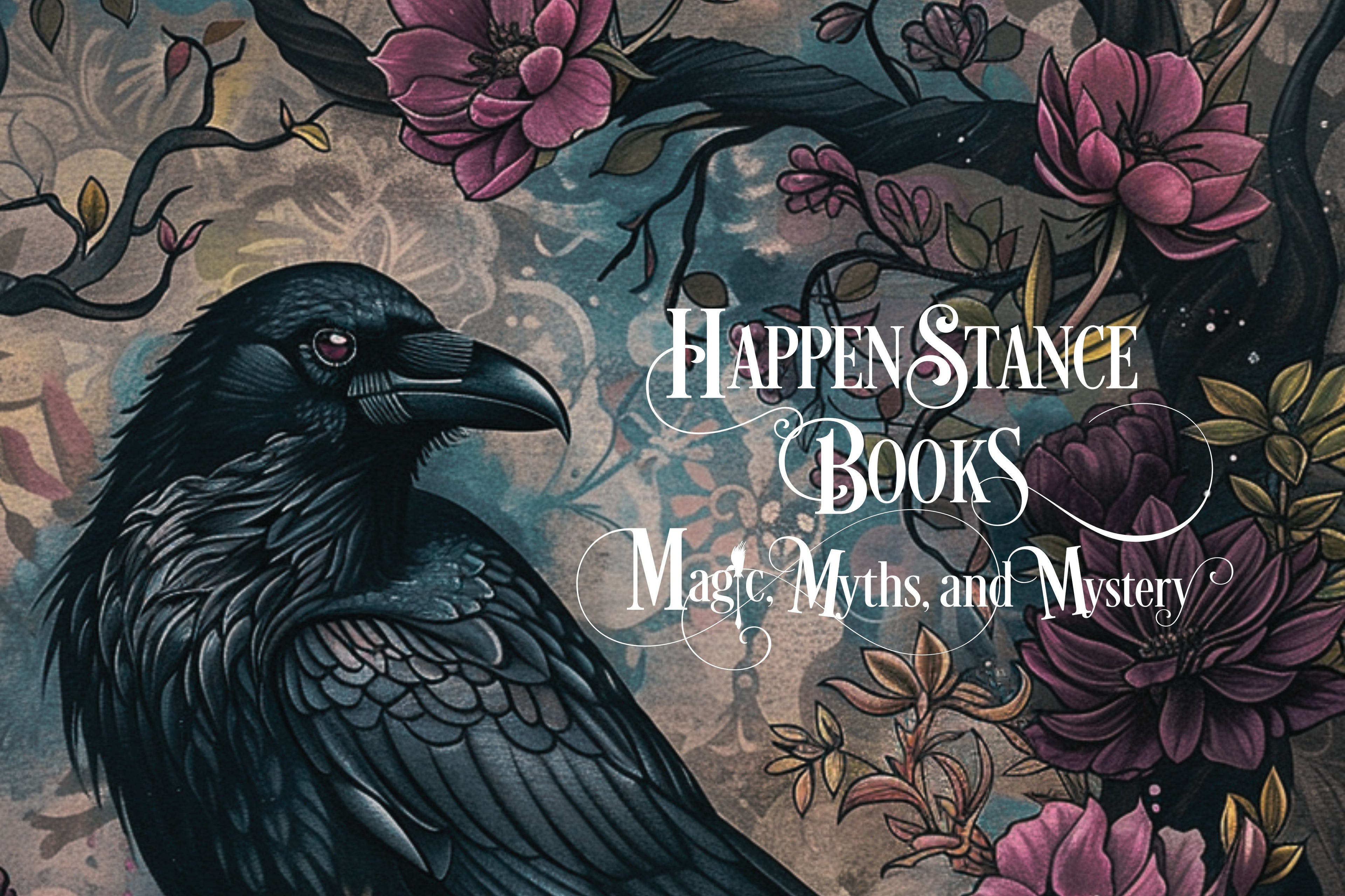 Happenstance Books; Myths, Magic, and Mystery books by TJ Green Raven on a background of blue and pink flowers