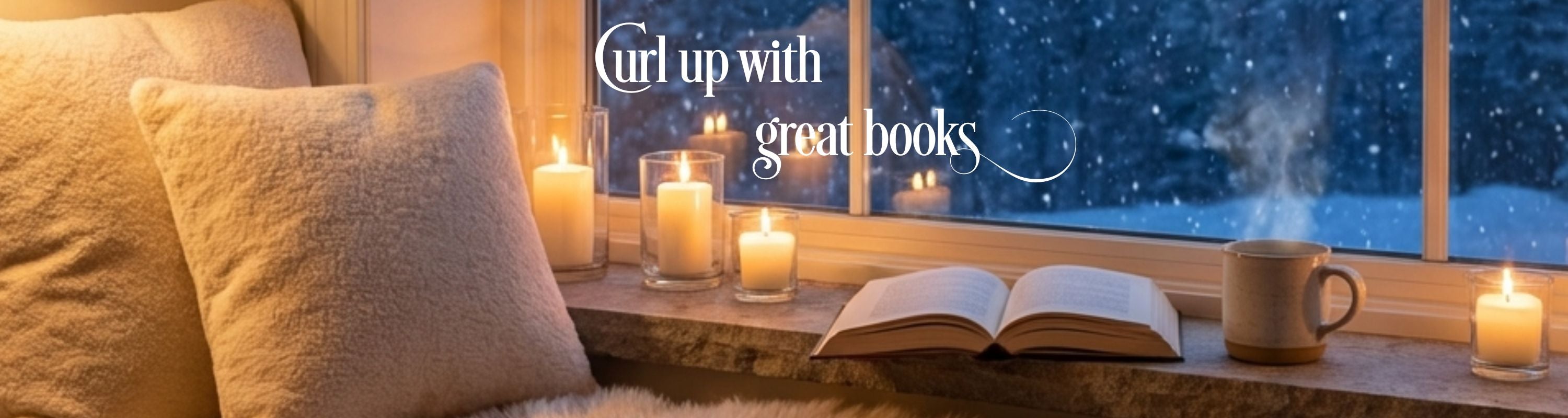 Cozy reading nook with candles, an open book, and a mug by a window with a snowy view.