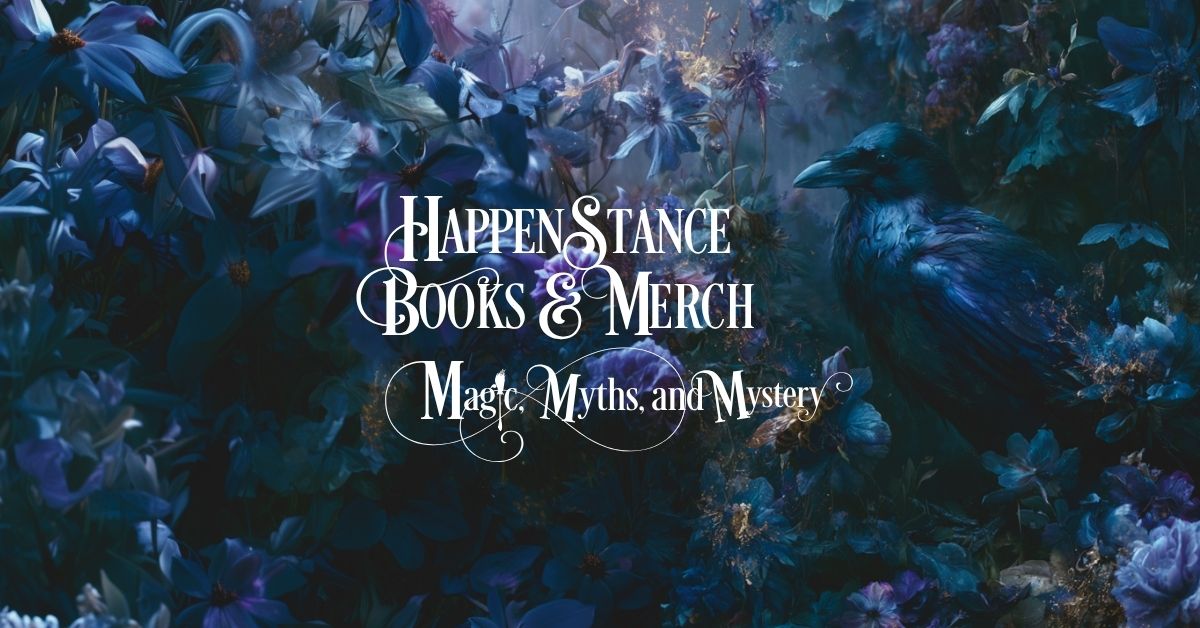 Fantasy-themed branding with crows and flowers, featuring 'Happenstance Books & Merch' text.