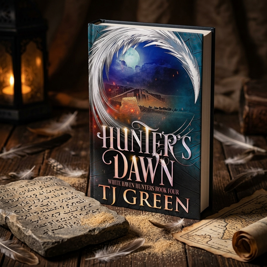 A hardcover book titled "Hunter's Dawn" by TJ Green stands upright on a rustic wooden surface, surrounded by feathers, a stone tablet, an old map, and a lantern in a dim, atmospheric setting. The book cover features a fantasy illustration with a white feather-like ring around a moonlit blue and purple scene.