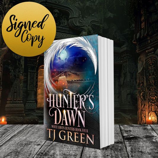 Book titled 'Hunter's Dawn' by TJ Green with a fantasy cover design on a dark background. Urban Fantasy series.