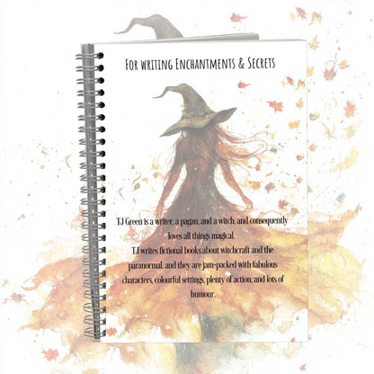 Witch-themed notebook with text about T.J. Green and her writing style.