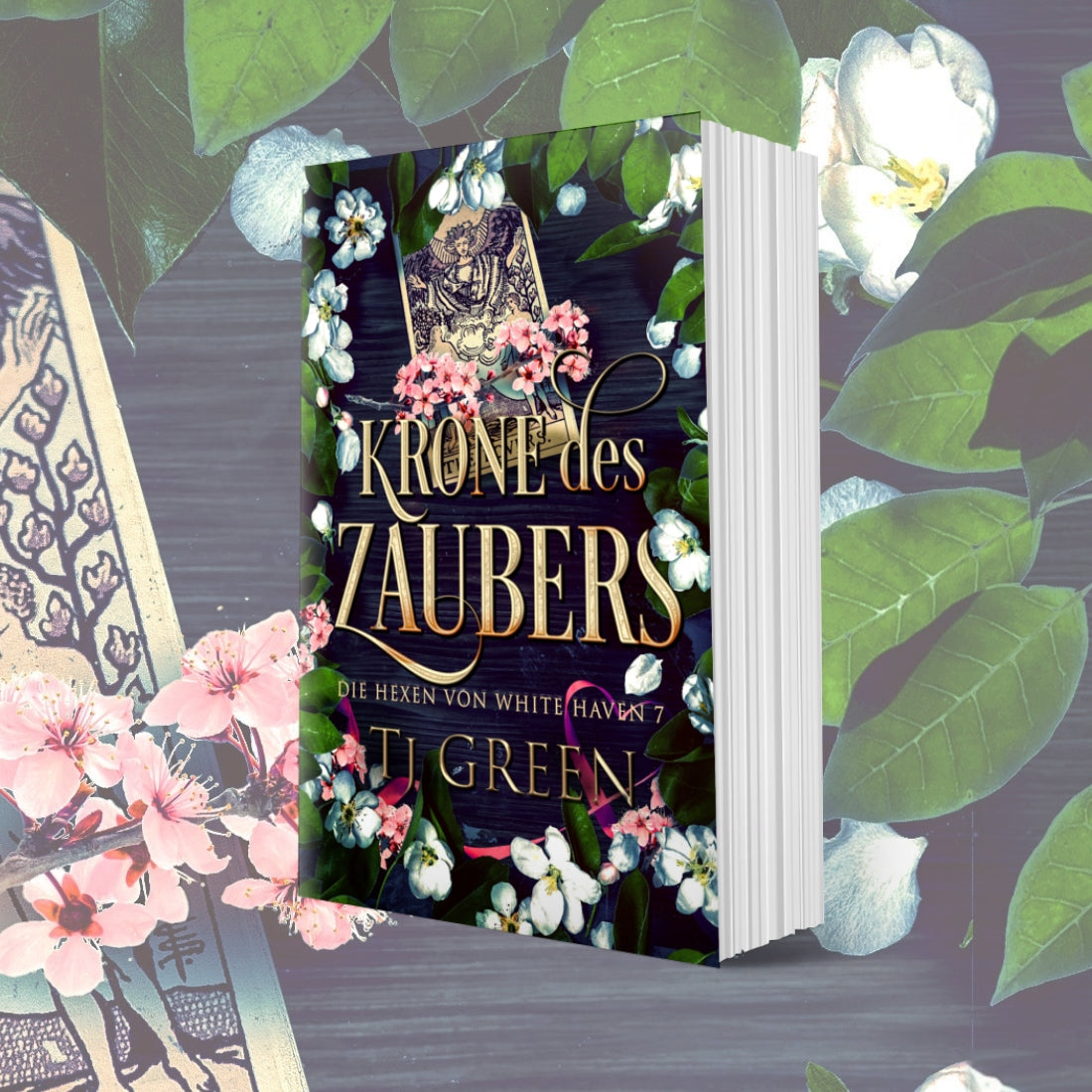 Book titled 'Krone des Zaubers' with floral and leafy background