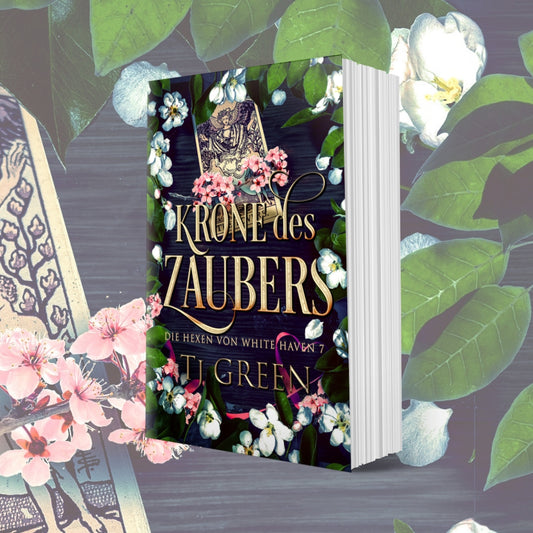 Book titled 'Krone des Zaubers' with floral and leafy background