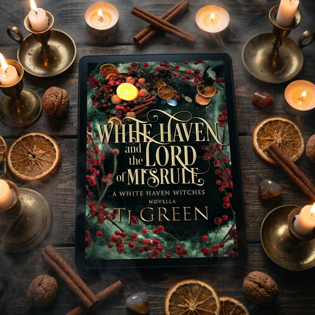 Book cover of 'White Haven and the Lord of Misrule' surrounded by candles and herbs on a wooden surface