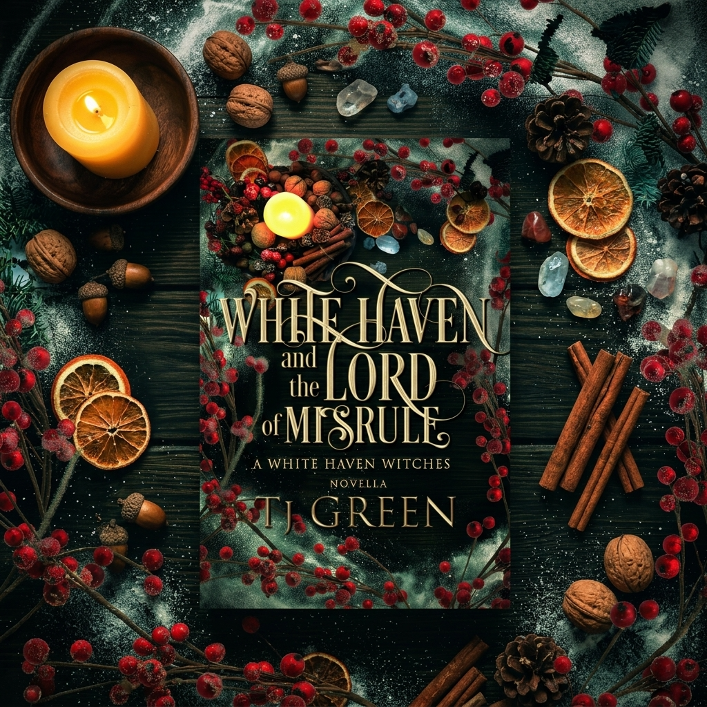 Book cover of 'White Haven and the Lord of Mesrule' surrounded by candles, fruits, and spices on a dark background
