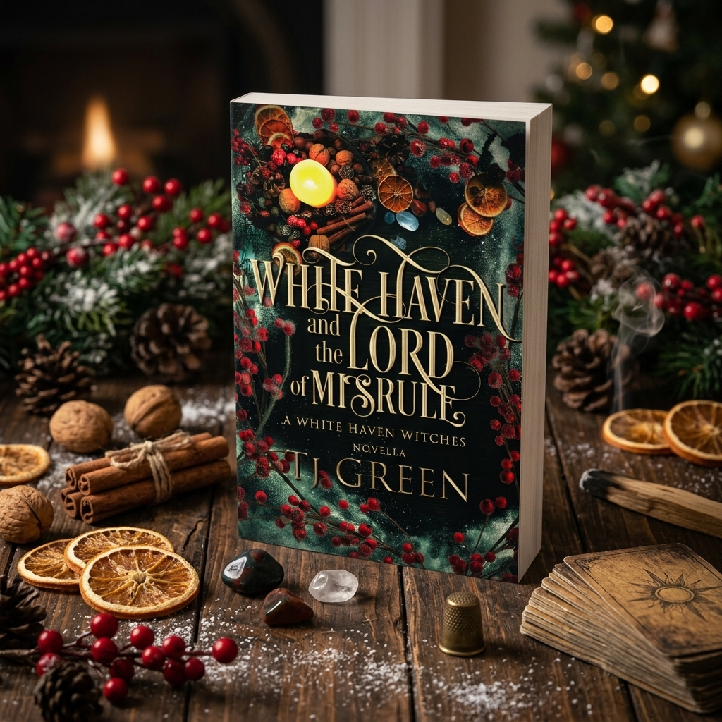 Book titled 'White Haven and the Lord of Misrule' by E. Green on a festive background with candles and decorations.