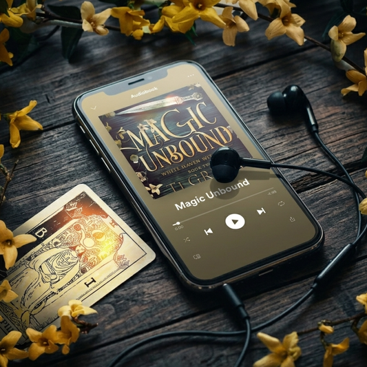Phone displaying 'Magic Unbound' audiobook with headphones and cards on a wooden surface with flowers.
