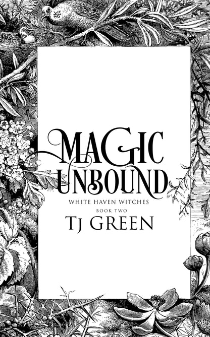 Book cover of 'Magic Unbound' with black text on a white background surrounded by black and white botanical illustrations.