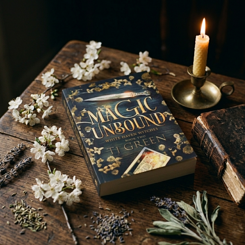 Paperback of Magic unbound on  wooden table with white blossoms and a candle.