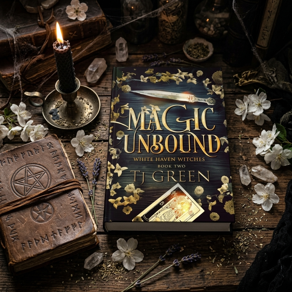 Book titled 'Magic Unbound' by TJ Green on a mystical table with candles, books, and flowers.