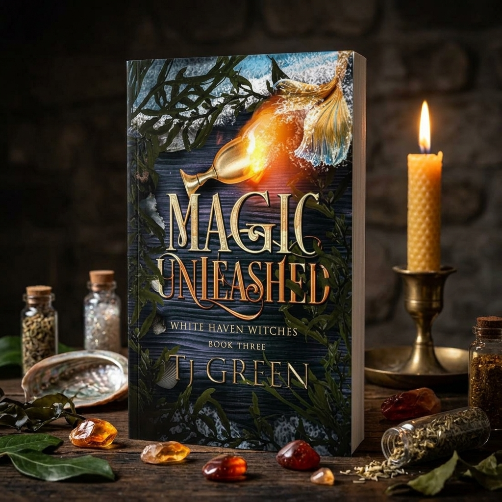 Book titled 'Magic Unleashed' by T.J. Green on a dark background with candles and herbs.