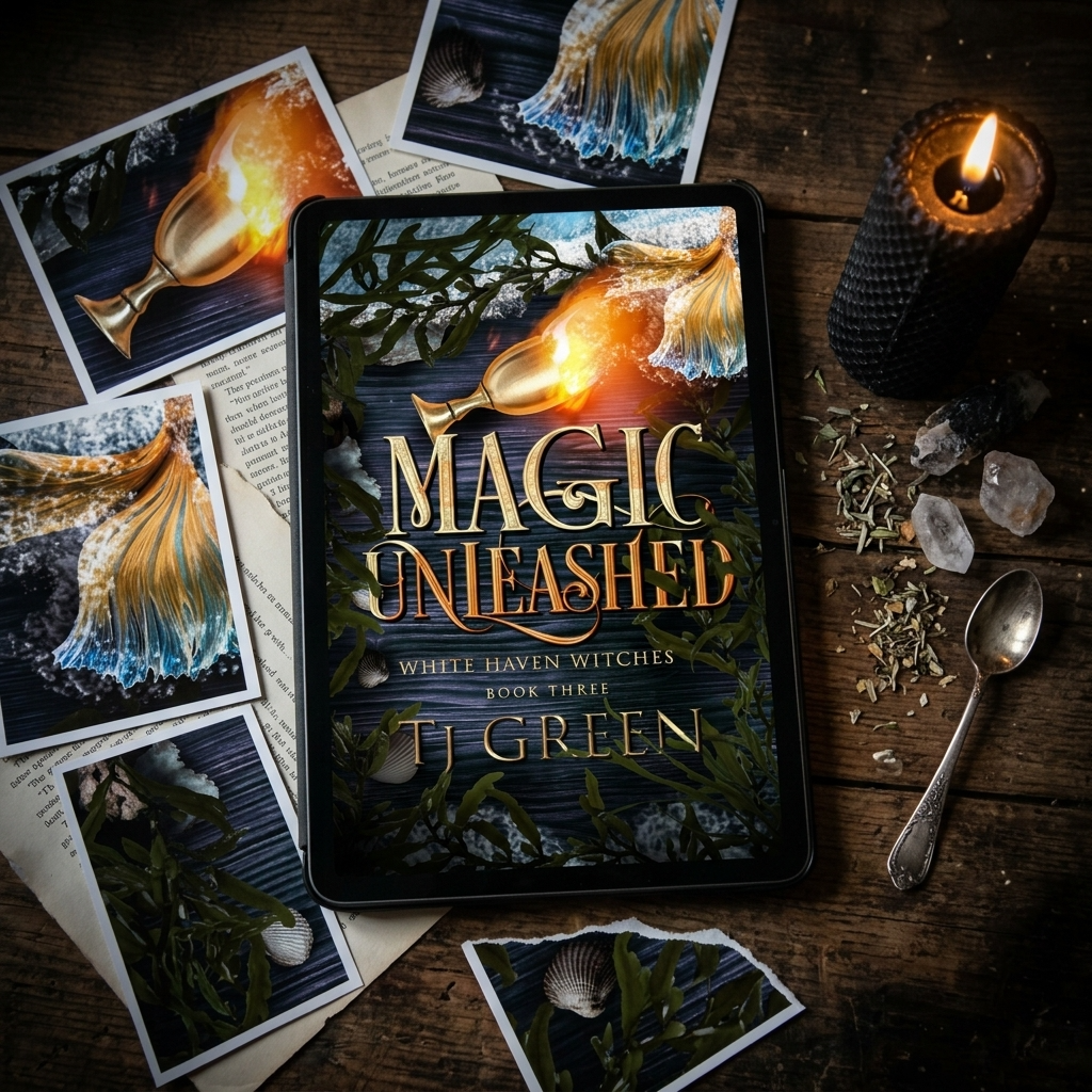 Tablet displaying 'Magic Unleashed' book cover on a wooden surface with candles and cards.