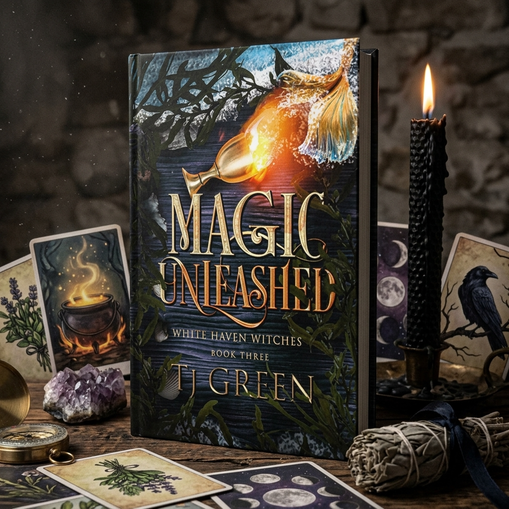 Book titled 'Magic Unleashed' by T.J. Green on a mystical setting with candles and cards.