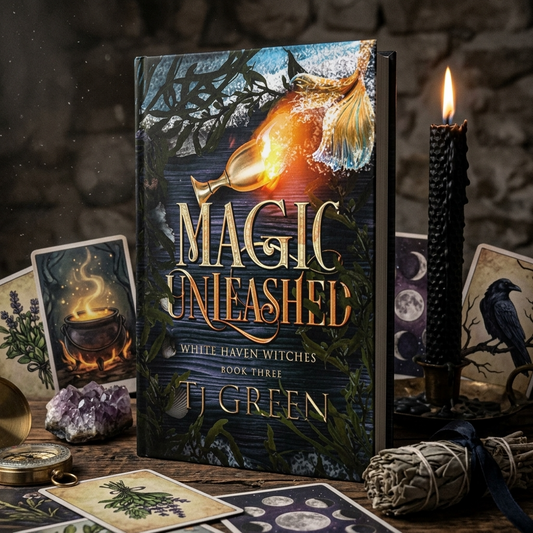 Book titled 'Magic Unleashed' by T.J. Green on a mystical setting with candles and cards.