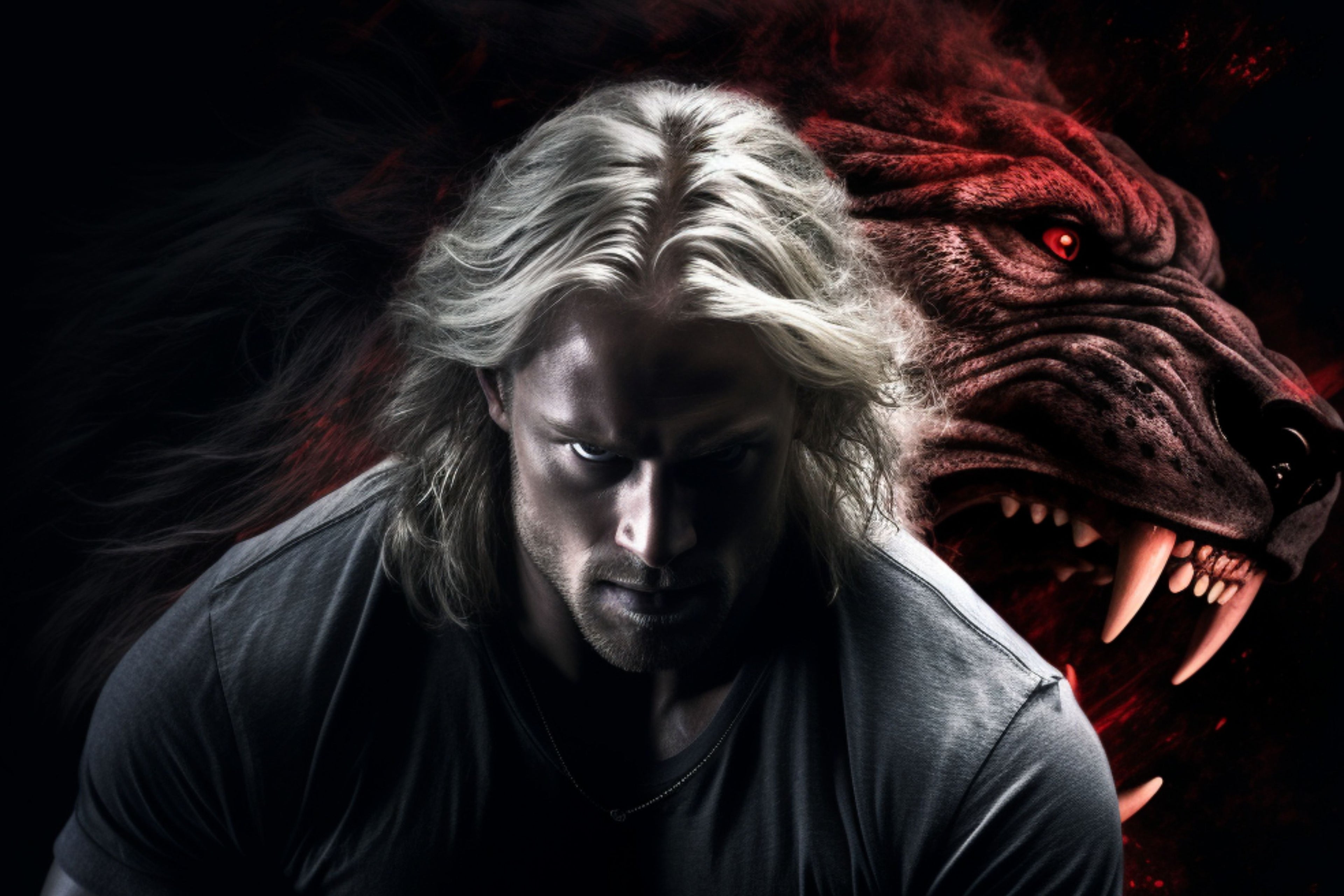 Storm Moon Shifters; paranormal mysteries, blond hair man with huge wolf behind left shoulder, both snarling.