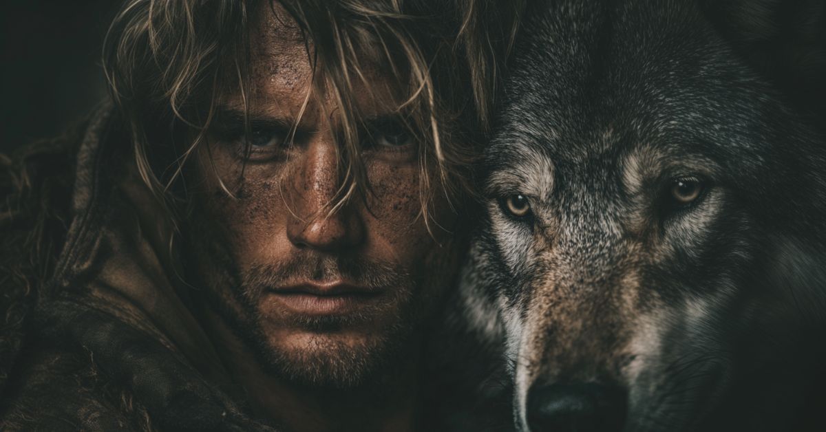 Man with a beard and a wolf close together, with a dark background