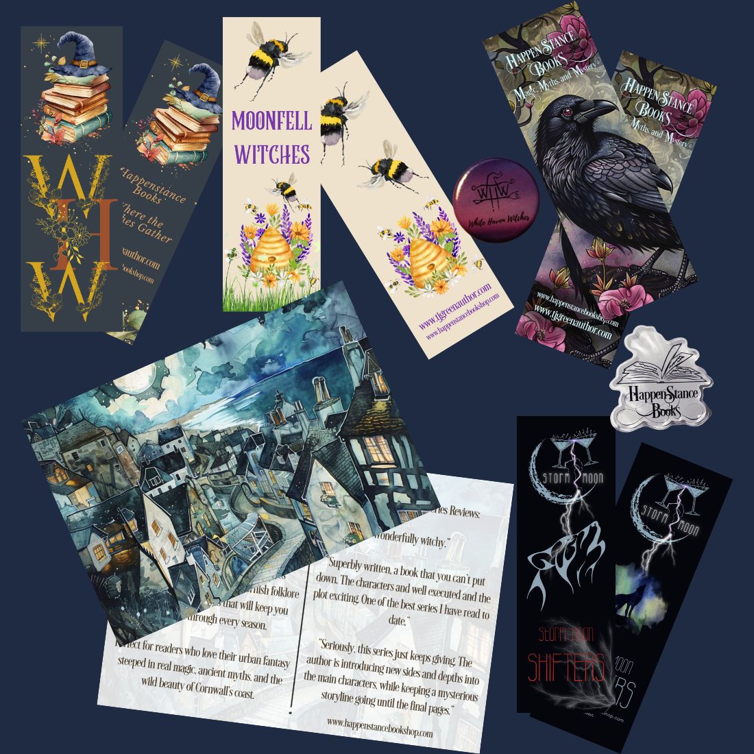 A flat lay of White Haven Witches World themed bookish stationery and printed art on a dark navy background. Visible items include several bookmarks, a small round pin, a printed card or poster with a raven illustration, a bookish piece with a crow, a bookish piece with flowers and bees, a bookish piece with stacked books and a globe, a printed scene with a castle and sea, and a white logo reading Happenstance Books.