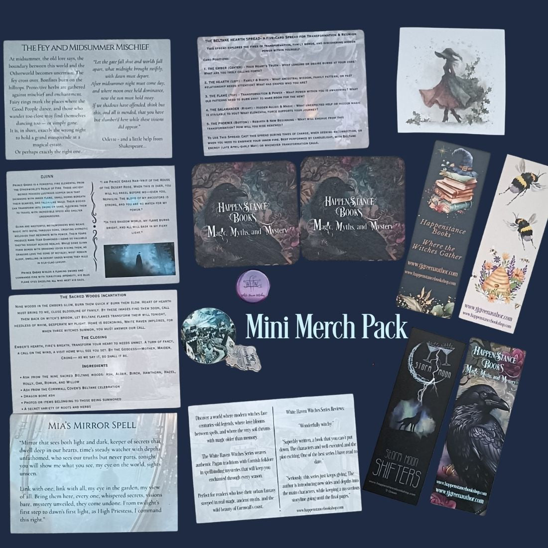 A flat lay of a 'Mini Merch Pack' featuring various gothic-themed printed cards, bookmarks, and small illustrations on a dark navy blue background. The items include cards titled 'The Fly and Mirrormaker's Mischief', 'Halloween Book M.