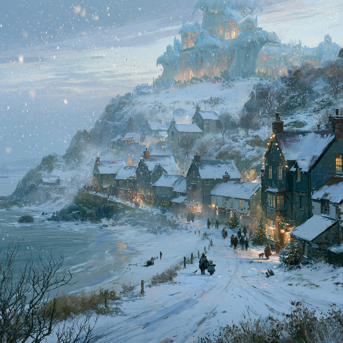 Coastal Cornish village covered in snow with a ice palace above it.