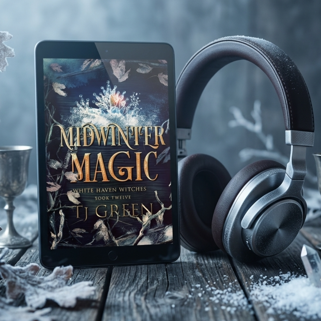 E-reader displaying 'Midwinter Magic' with headphones and a mystical setting