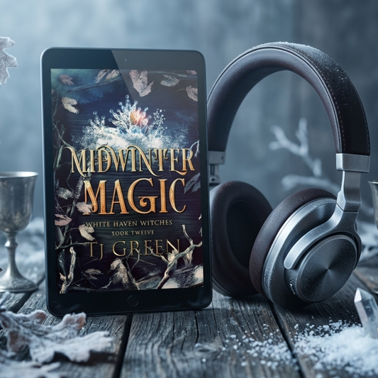 E-reader displaying 'Midwinter Magic' with headphones and a mystical setting