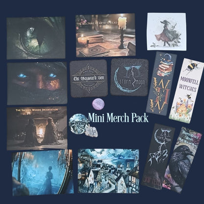 A collage of multiple dark-themed mini merchandise items arranged on a dark navy background, with the text 'Mini Merch Pack' in the center. The items include printed cards, stickers, and small art pieces featuring fantasy artwork such as a dragon eye, a candlelit room, a witch in a hat, glowing blue eyes, books and stars, moonlit figures, a forest incense, a snowy village, and a raven.