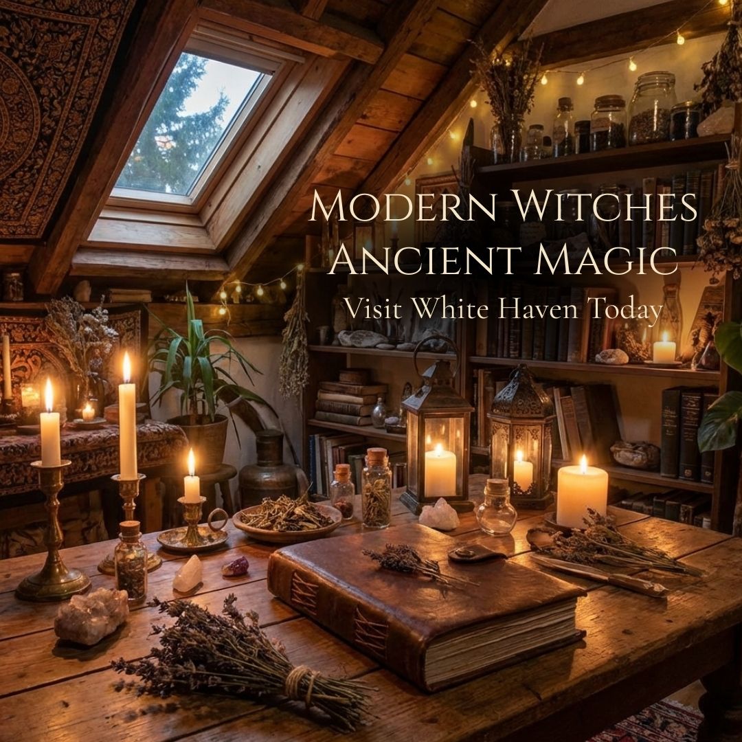 Witch's altar with candles, books, and crystals in a cozy attic setting.