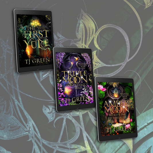Three tablets displaying book covers of 'The First Vow', 'Triple Moon', and 'Amber Moon' by TJ Green on a decorative background. Dual timeline and paranormal mysteries